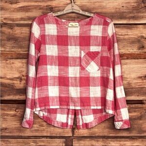 Cloth & Stone Top Sz XS Pink White Check Gingham Button Back Linen Blend Cottage